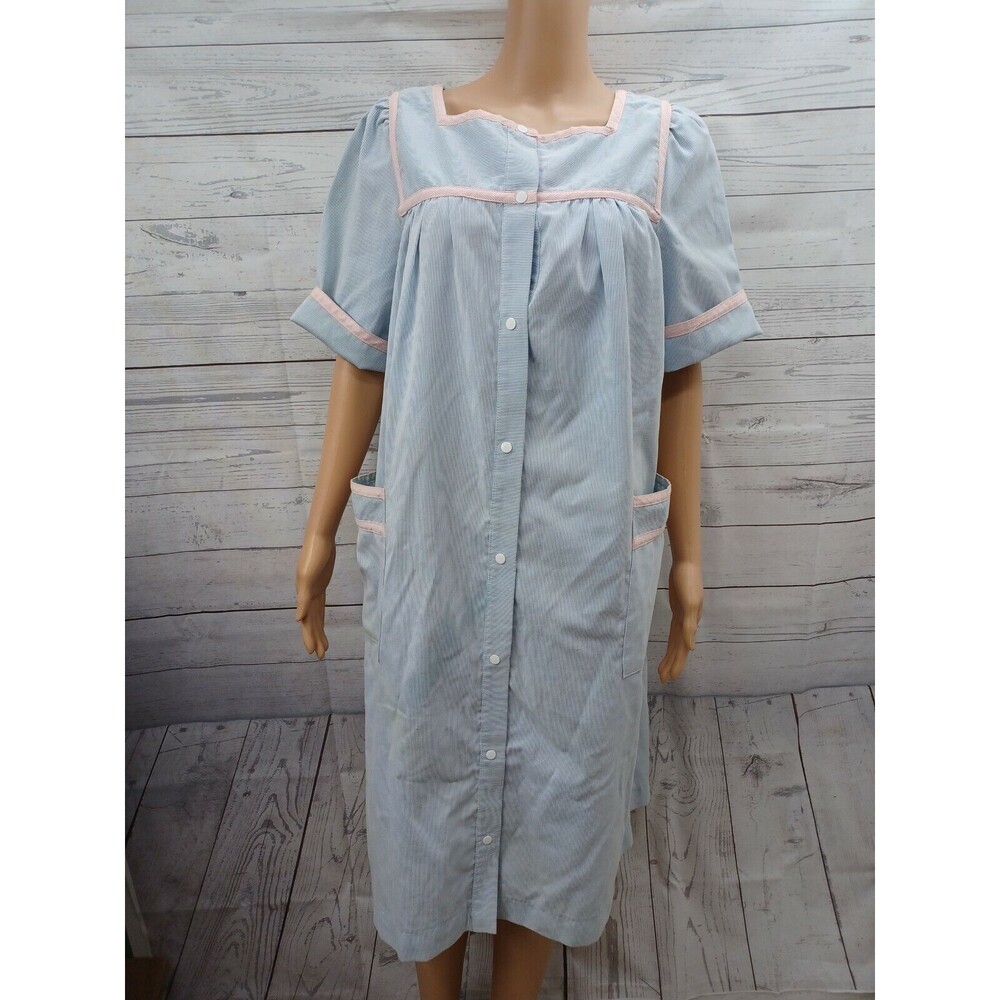 Vtg Styled by Saybury Robe blue Plaid Snap Dress Lounge Housecoat Sz S